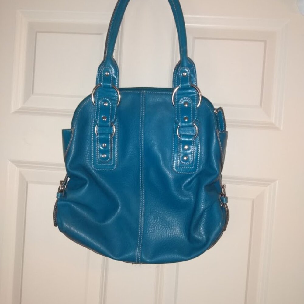 Mondani New York: Double handle lined blue pocketbook, multi pocket zip closure.
